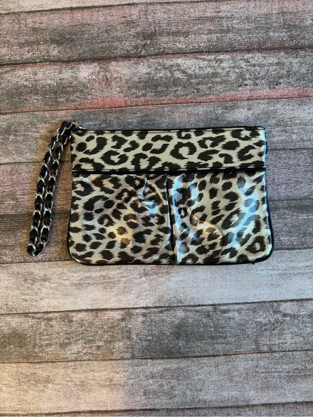 Express Leopard Print Wristlet Clutch - Black and Cream